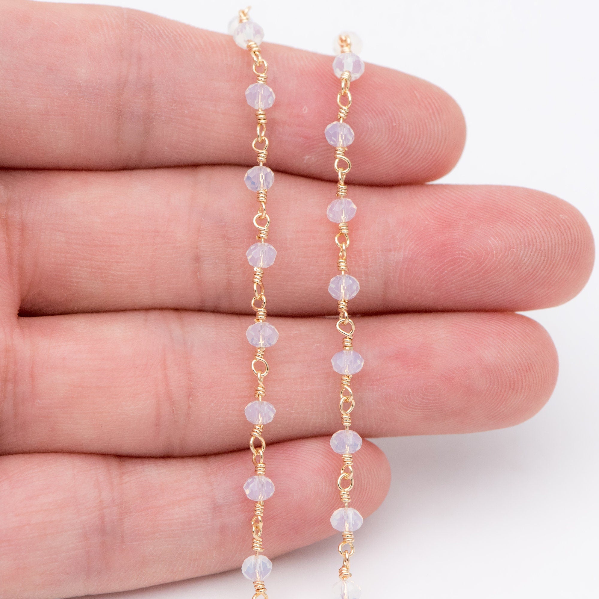 Gold plated Brass Crystal Bead Chains, Beaded Chains with 3.5mm Opal Glass Rondelles, Lead Nickel Free (#LK-184)/ 1 Meter=3.3 ft